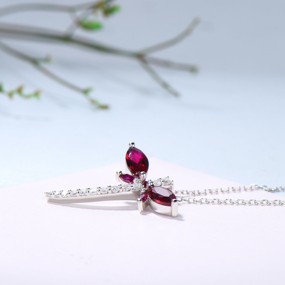 Vintage dragonfly necklace Unique lab red ruby necklace pendant cute silver 14k rose gold July birthstone pendant handmade proposal gifts - PENFINE