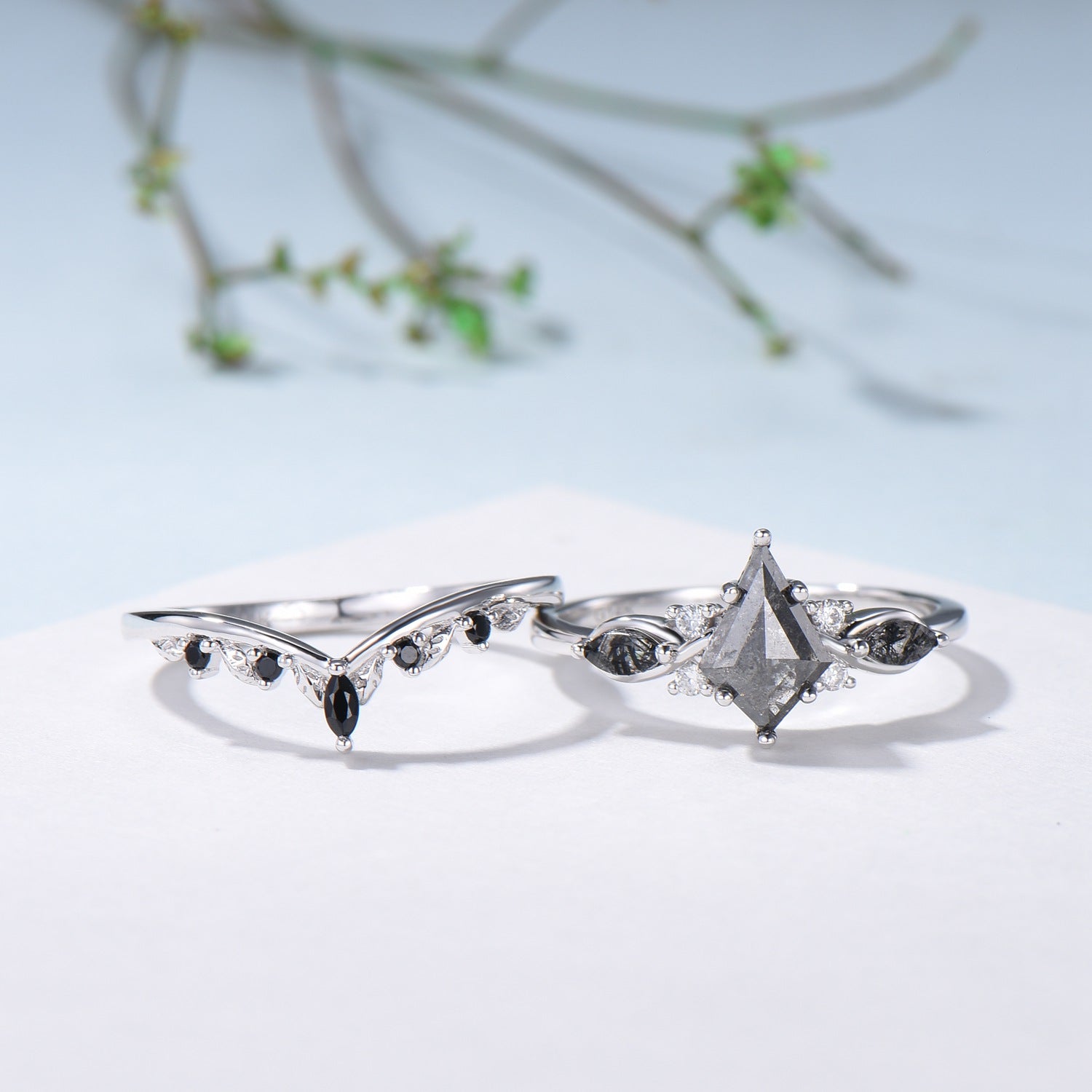 Vintage kite cut salt and pepper diamond ring set natural pepper engagement ring black rutilated quartz bridal wedding set anniversary gift - PENFINE