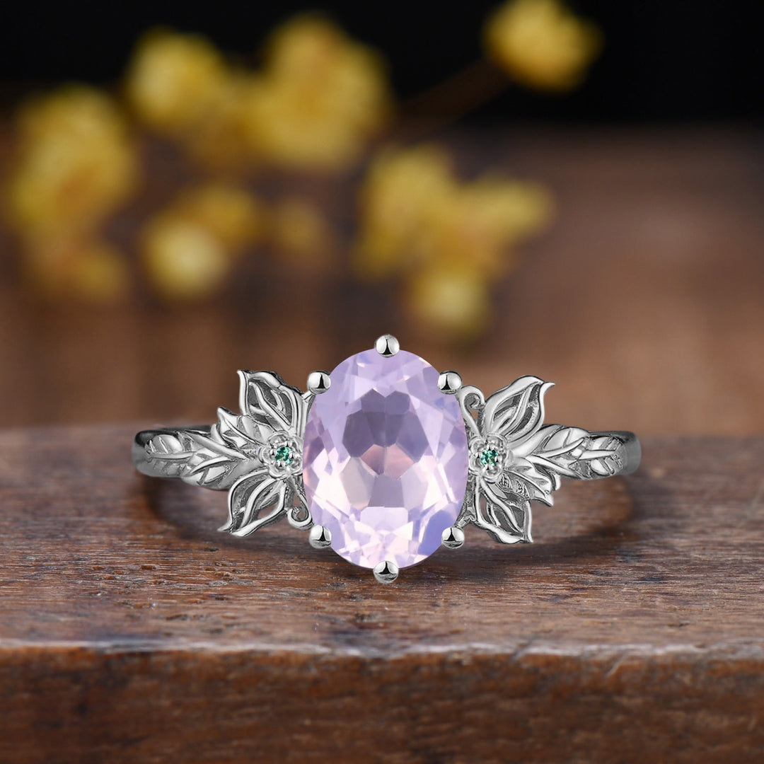 Nature Inspired Lavender Amethyst Engagement Ring Butterfly 14K Rose Gold Floral Cluster Emerald Promise Ring Leaf Flower Anniversary Ring