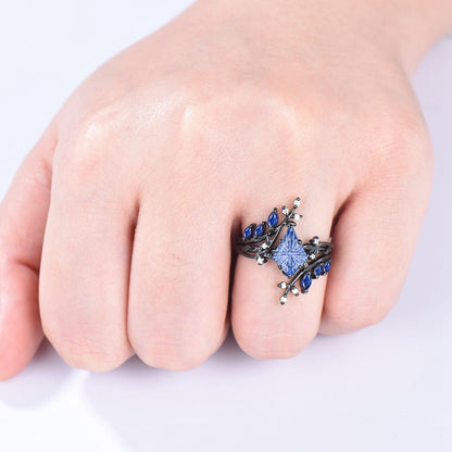 Unique Kite Cut Starburst Cornflower Sapphire Engagement Ring Nature Inspired Blue Sapphire Leaf Branch Ring Set Black Gold