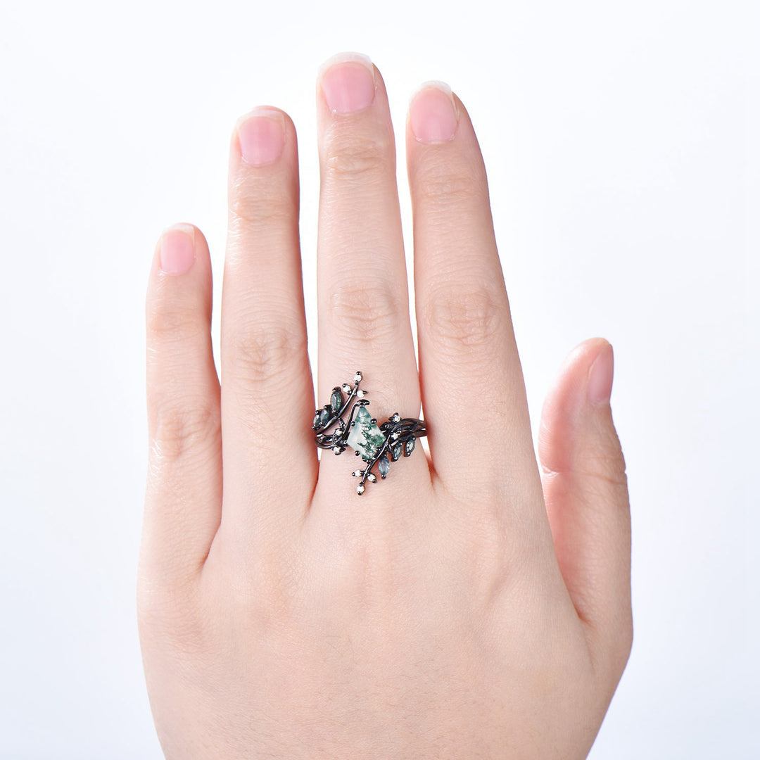 Nature Inspired Kite cut moss agate ring set black gold unique leaf branch marquise cut green agate engagement ring bridal wedding ring set - PENFINE