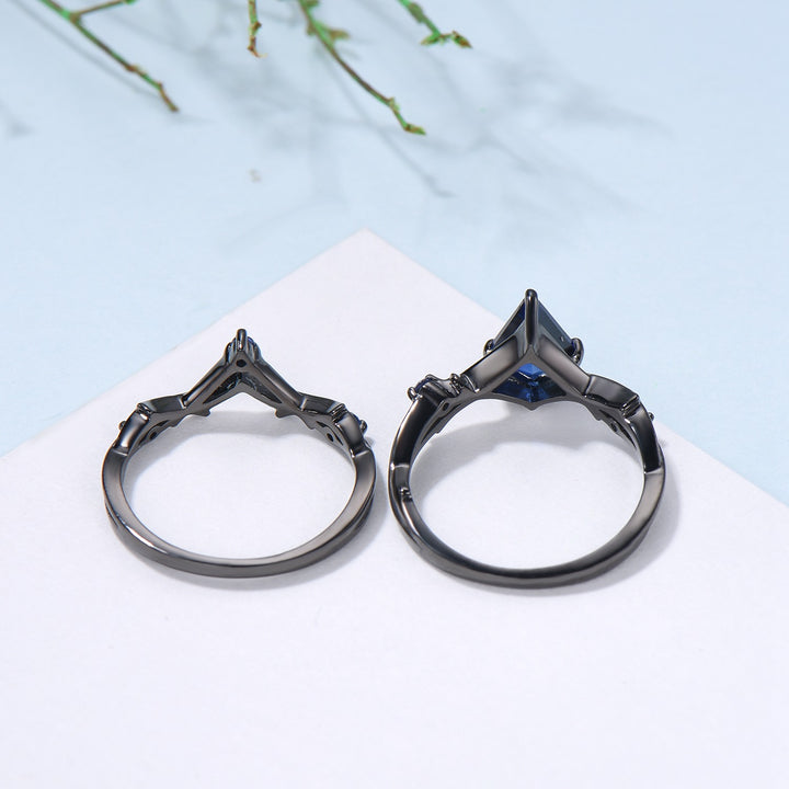 Art Deco black gold blue sapphire engagement ring set split shank kite cut blue sapphire wedding ring elegant anniversary bridal set women - PENFINE