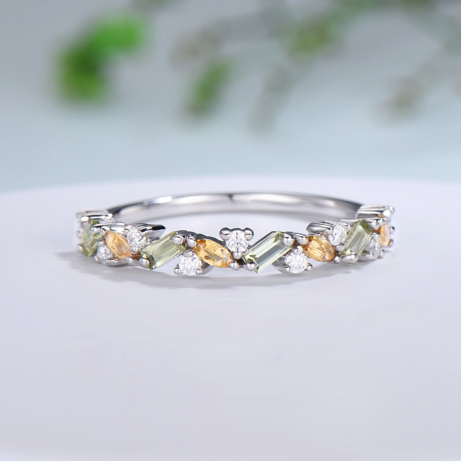 Vintage Peridot Citrine Eternity Wedding Band Women Unique Baguette  Peridot Stackable Ring Unique Art Deco Matching Band Anniversary Gift - PENFINE