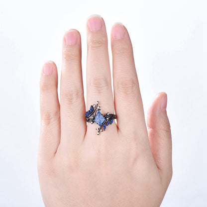Unique Kite Cut Starburst Cornflower Sapphire Engagement Ring Nature Inspired Blue Sapphire Leaf Branch Ring Set Black Gold