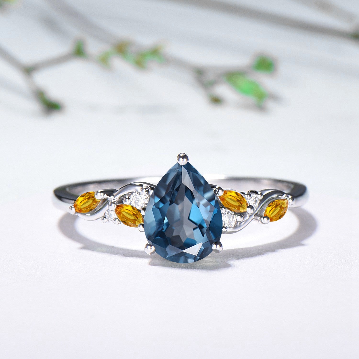 Pear Shaped London Blue Topaz & Citrine Engagement Ring, Opal Kite Accent, 14K Gold Colorful Galaxy Ring, Unique Gift Her - PENFINE