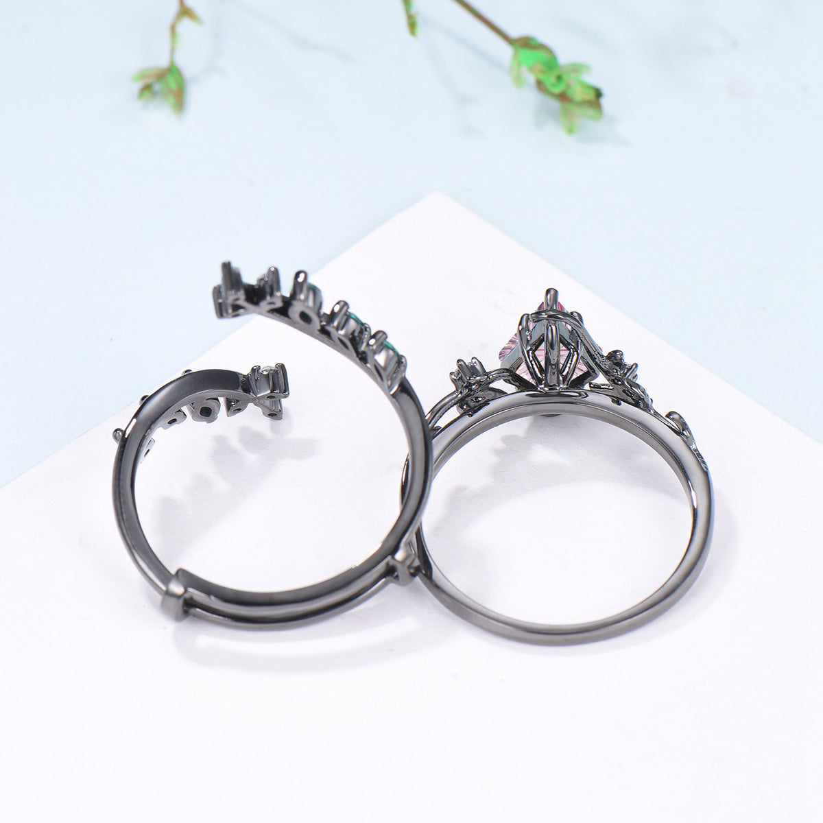 Kite Shaped Fantasy Cut Padparadscha Sapphire Twig Leaf Ring Set Emerald Black Gold Band