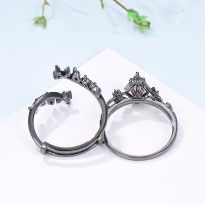 Kite Shaped Fantasy Cut Padparadscha Sapphire Twig Leaf Ring Set Emerald Black Gold Band