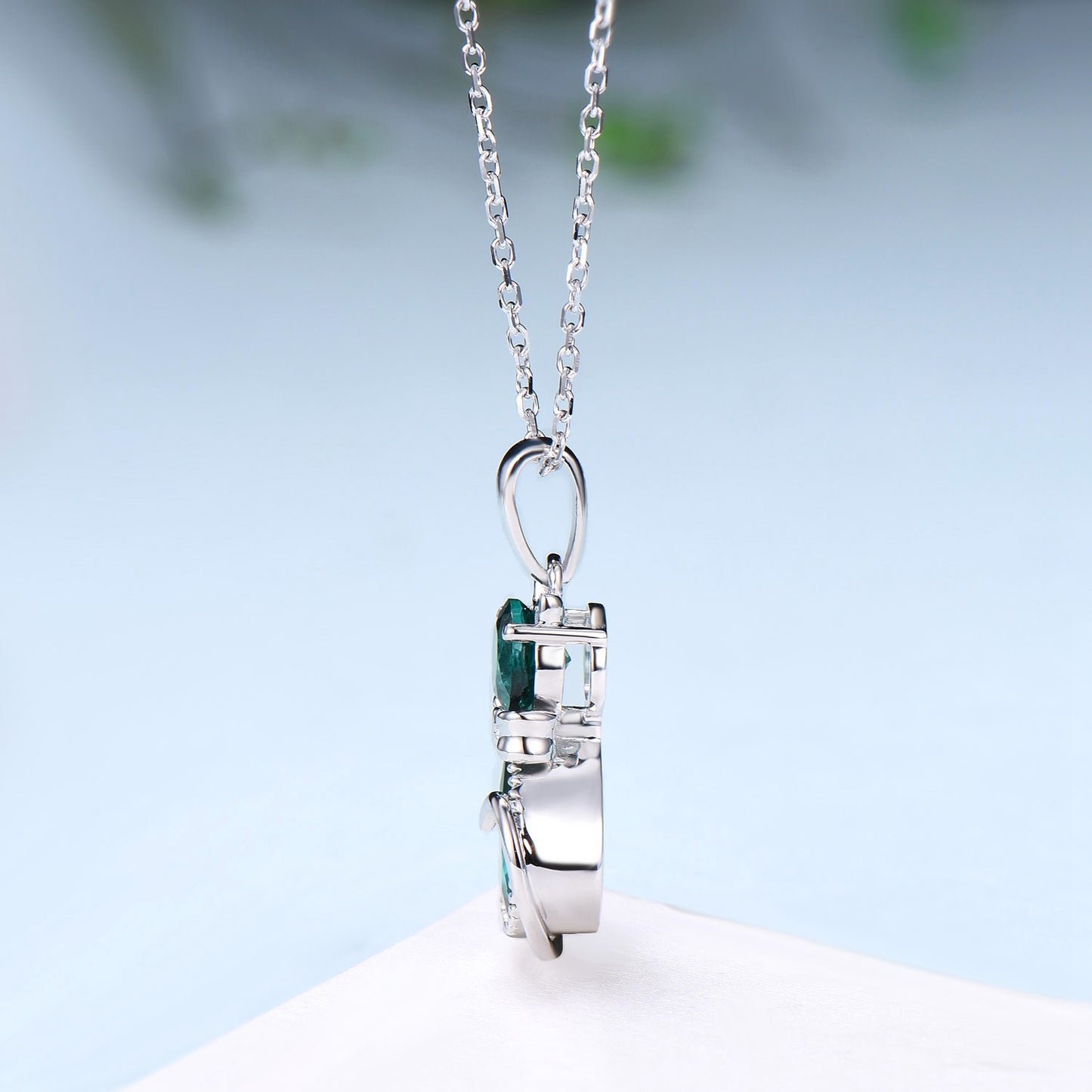 Dainty cat emerald pendant necklace, cute silver white gold Bow necklace unique personalized gift, Cat's Paw anniversary gift for daughter - PENFINE