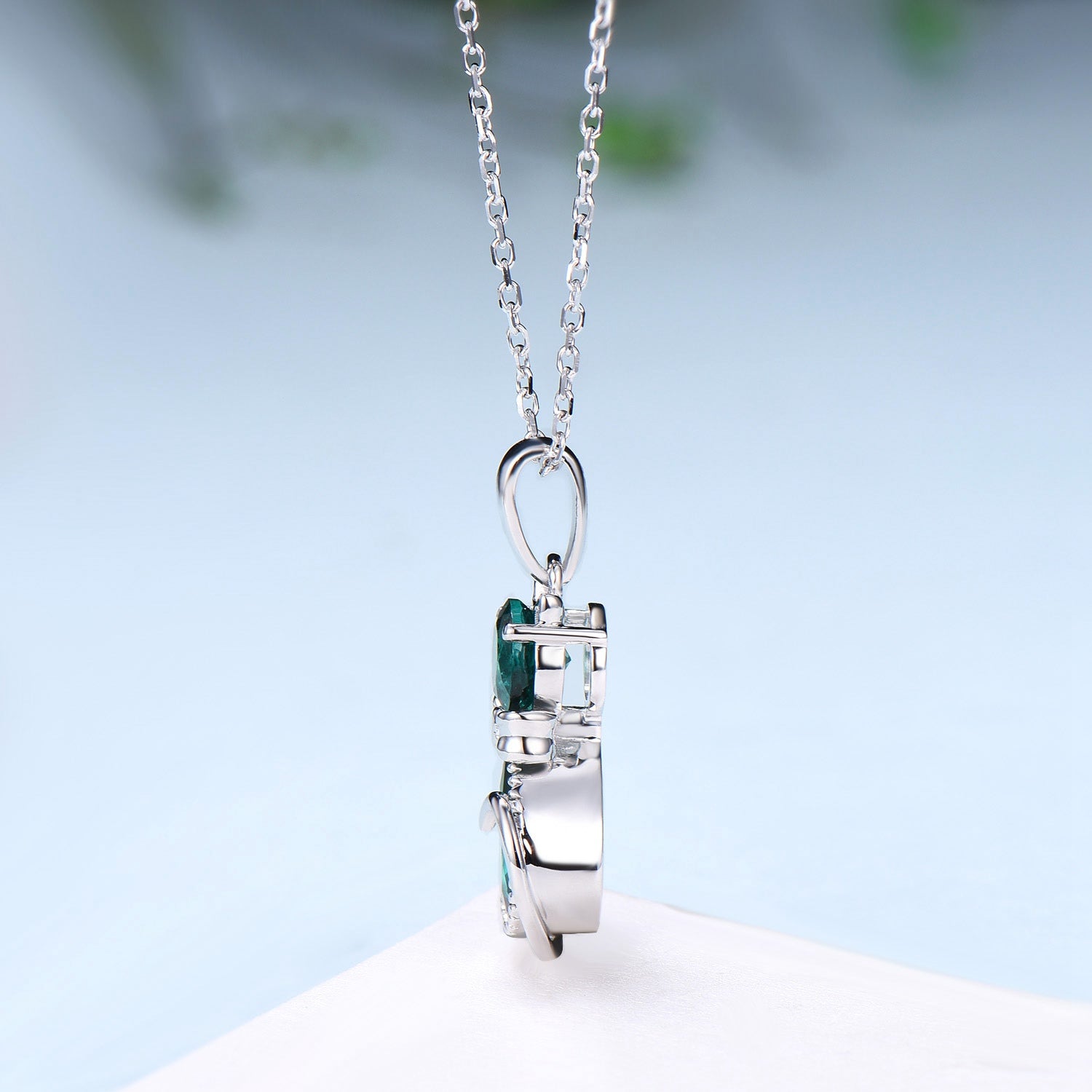 Dainty cat emerald pendant necklace, cute silver white gold Bow necklace unique personalized gift, Cat's Paw anniversary gift for daughter - PENFINE