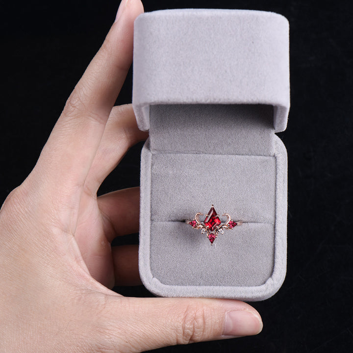 Unique Kite Cut Ruby Engagement Ring Rose Gold Four Max - PENFINE