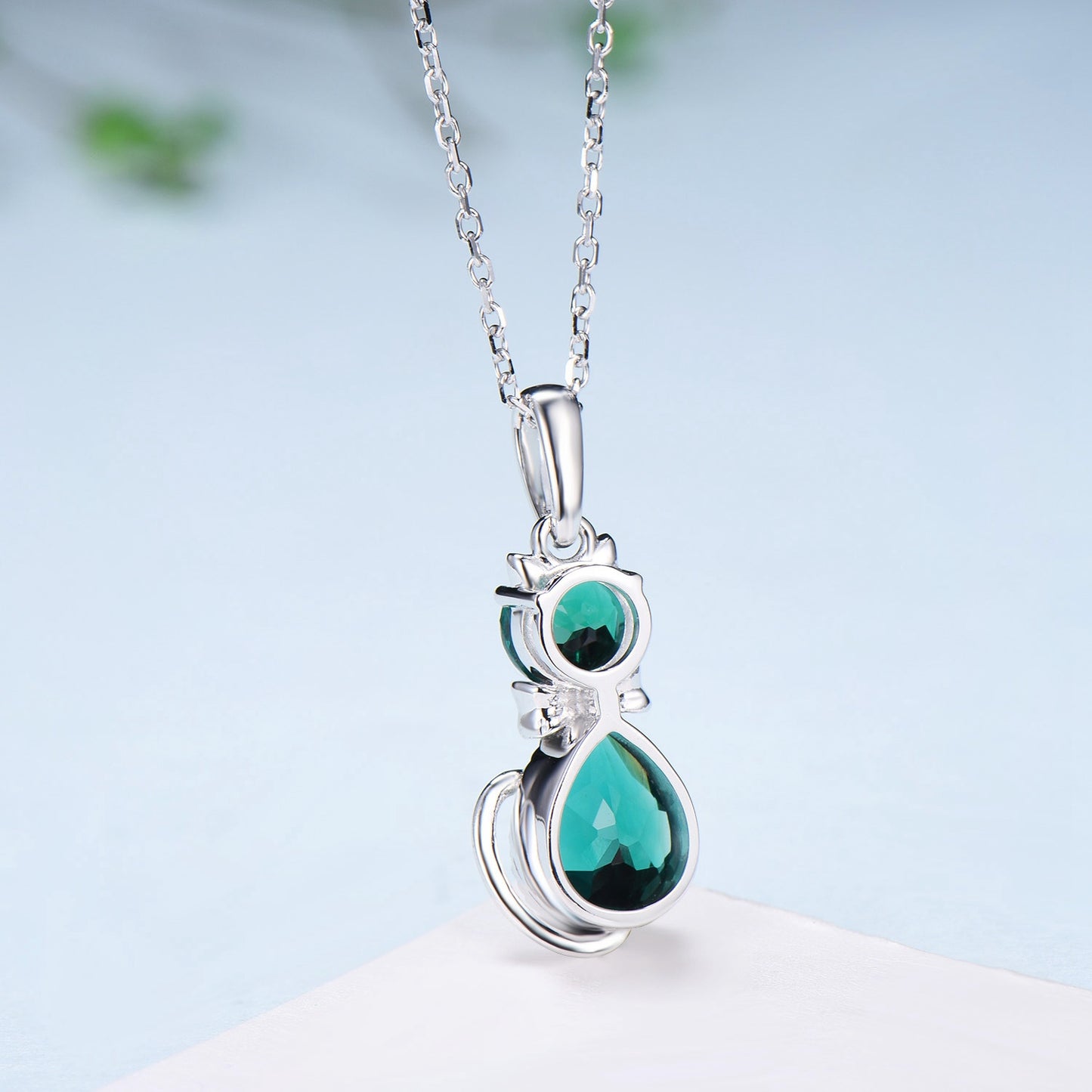 Dainty cat emerald pendant necklace, cute silver white gold Bow necklace unique personalized gift, Cat's Paw anniversary gift for daughter - PENFINE