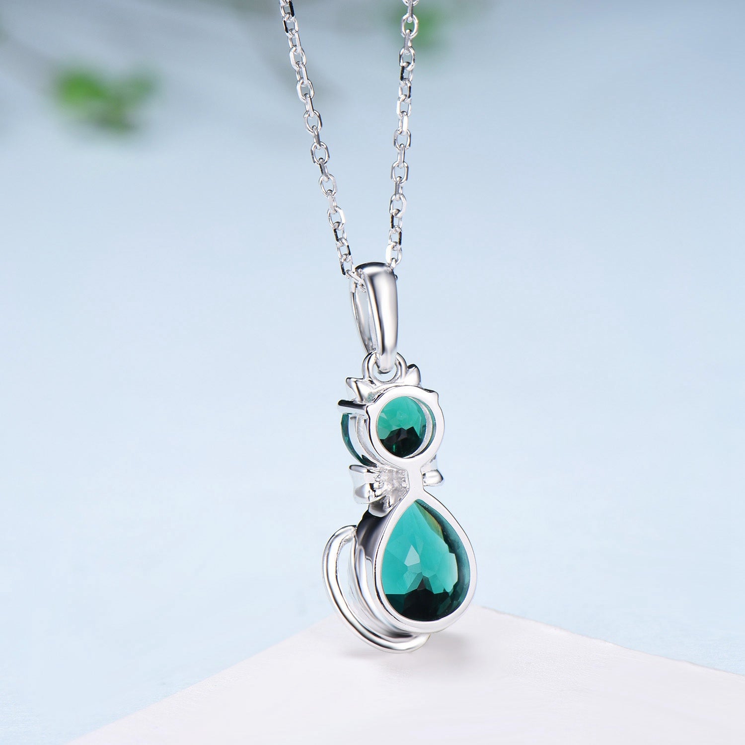 Dainty cat emerald pendant necklace, cute silver white gold Bow necklace unique personalized gift, Cat's Paw anniversary gift for daughter - PENFINE