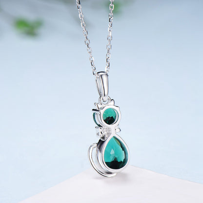 Dainty cat emerald pendant necklace, cute silver white gold Bow necklace unique personalized gift, Cat's Paw anniversary gift for daughter - PENFINE
