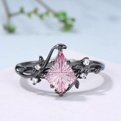 Kite Shaped Fantasy Cut Padparadscha Sapphire Twig Leaf Ring Set Emerald Black Gold Band