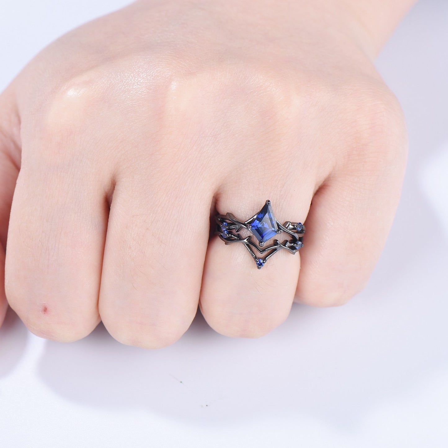 Art Deco black gold blue sapphire engagement ring set split shank kite cut blue sapphire wedding ring elegant anniversary bridal set women - PENFINE