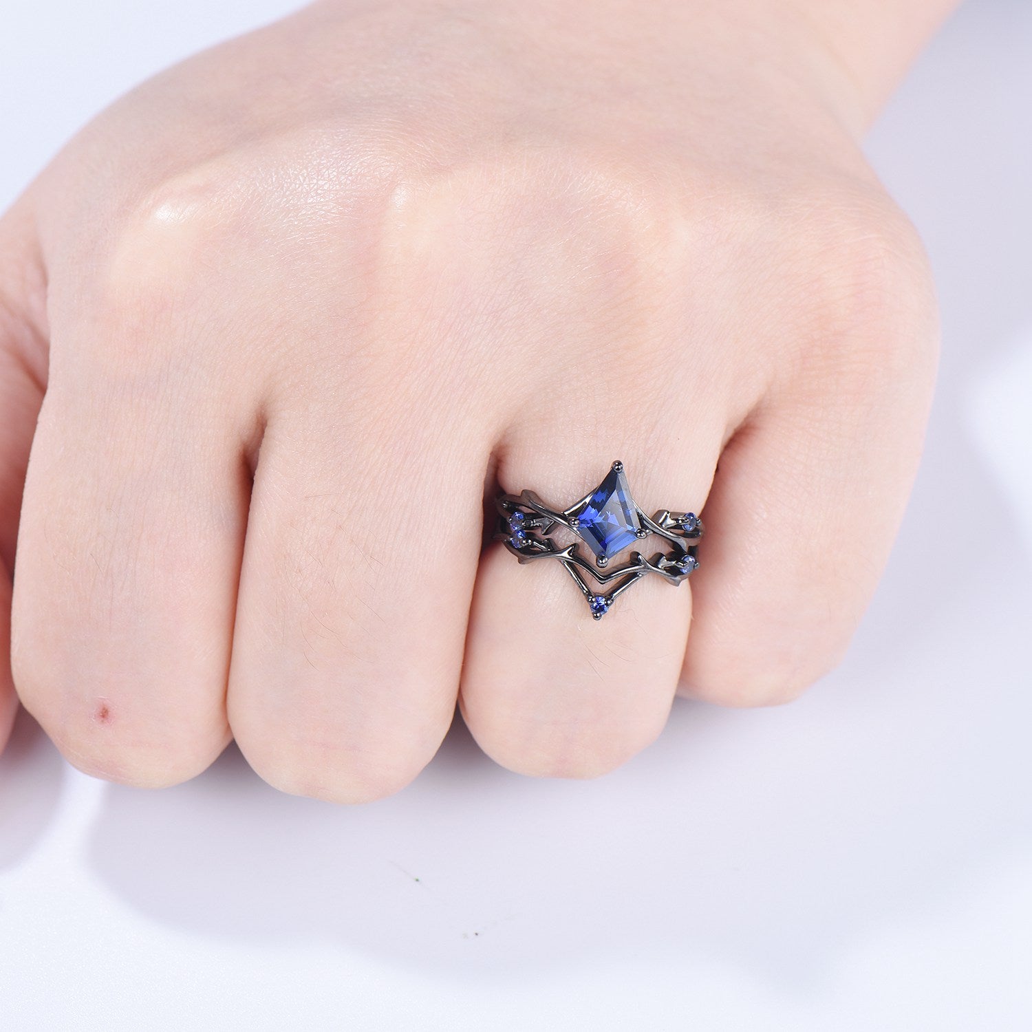 Art Deco black gold blue sapphire engagement ring set split shank kite cut blue sapphire wedding ring elegant anniversary bridal set women - PENFINE