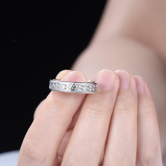 Moss Agate Leaves Wedding Band: Nature Inspired Sterling Silver Ring