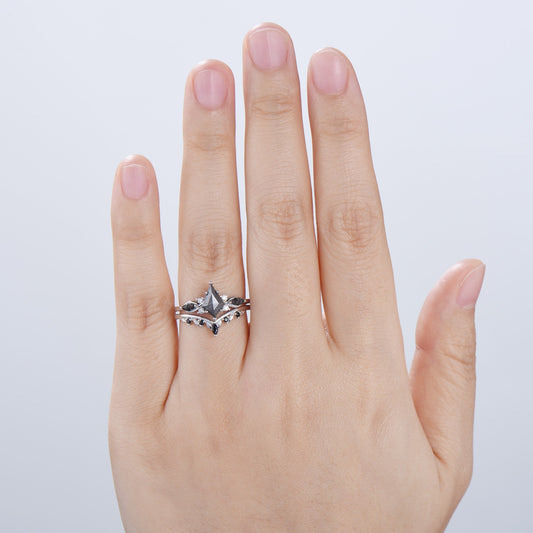 Vintage kite cut salt and pepper diamond ring set natural pepper engagement ring black rutilated quartz bridal wedding set anniversary gift - PENFINE