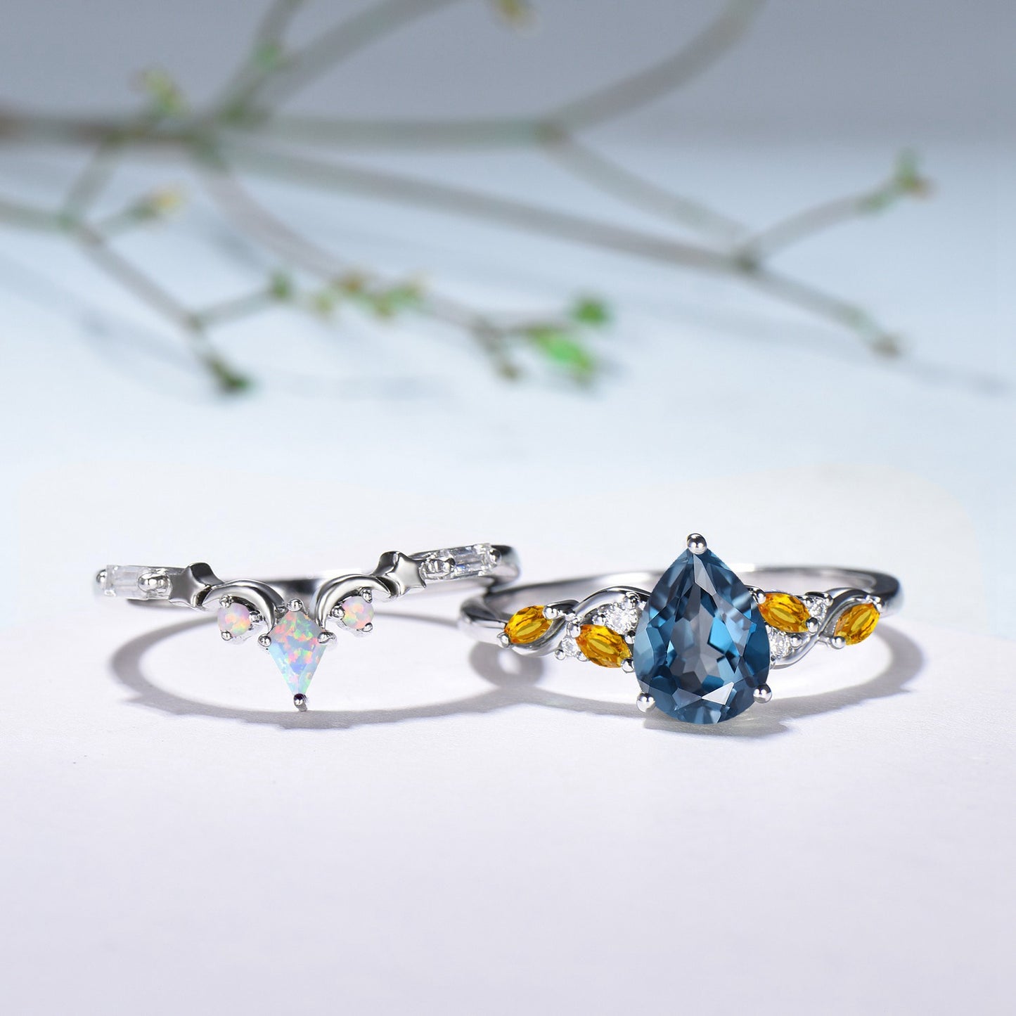 Pear Shaped London Blue Topaz & Citrine Engagement Ring, Opal Kite Accent, 14K Gold Colorful Galaxy Ring, Unique Gift Her - PENFINE