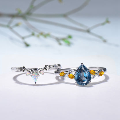 Pear Shaped London Blue Topaz & Citrine Engagement Ring, Opal Kite Accent, 14K Gold Colorful Galaxy Ring, Unique Gift Her - PENFINE