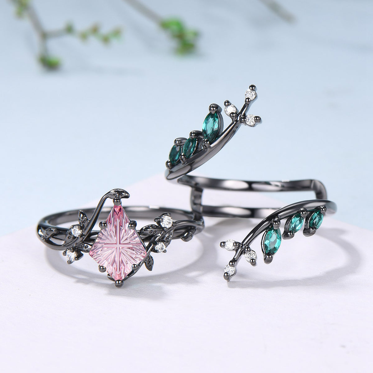 Kite Shaped Fantasy Cut Padparadscha Sapphire Twig Leaf Ring Set Emerald Black Gold Band