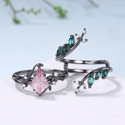 Kite Shaped Fantasy Cut Padparadscha Sapphire Twig Leaf Ring Set Emerald Black Gold Band