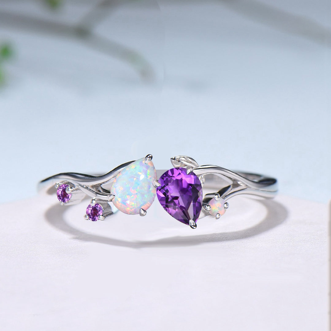 Toi et Moi Opal Amethyst Engagement Ring | Nature Inspired Vine Band - PENFINE