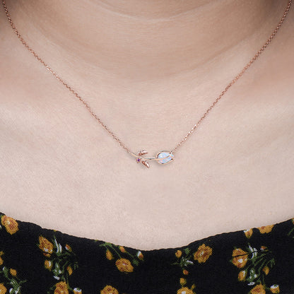 Dainty Opal Tulip Necklace, Nature Inspired Rose Gold Flower Leaf Vine Amethyst Pendant
