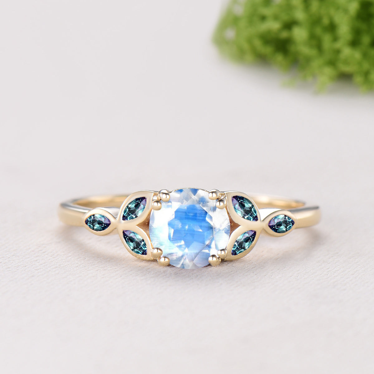 Round Cut Moonstone Engagement Ring Color-change Alexandrite Ring Enhancer Bezel Setting Bridal Set
