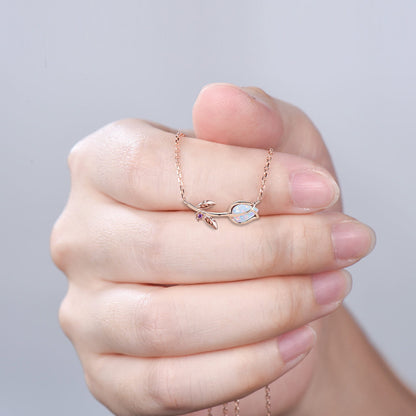 Dainty Opal Tulip Necklace, Nature Inspired Rose Gold Flower Leaf Vine Amethyst Pendant