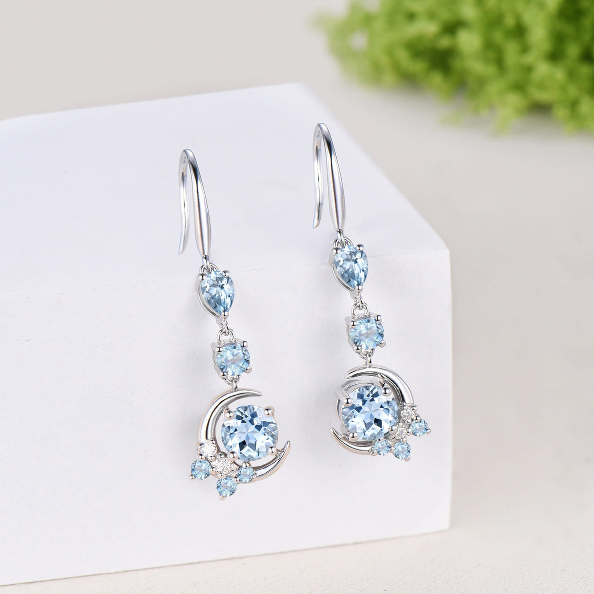 Elegant Natural Aquamarine Earrings, Crescent Moon Drop Earrings, Vintage March Birthstone Earrings, Unique Birthday Jewelry Gift for Women