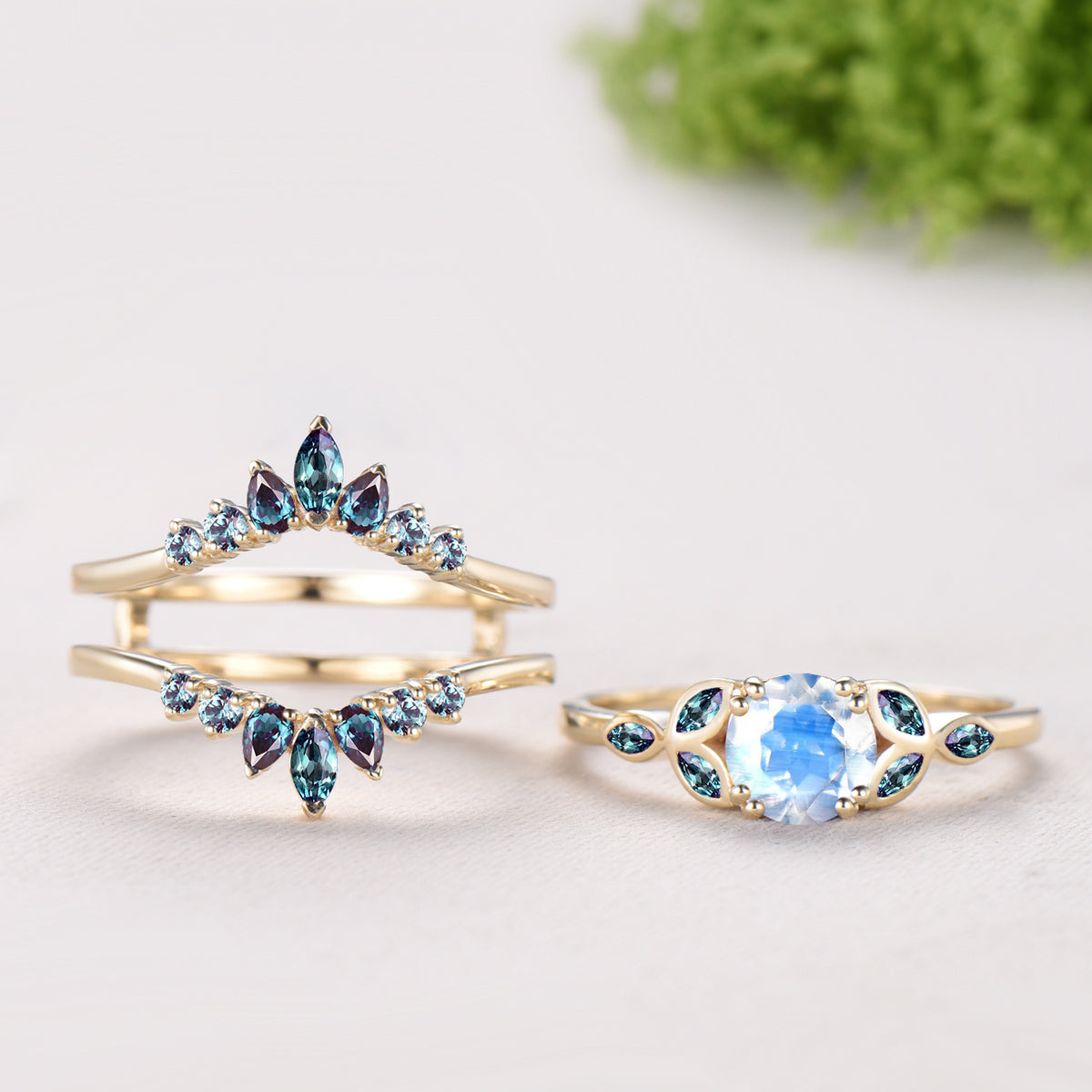 Round Cut Moonstone Engagement Ring Color-change Alexandrite Ring Enhancer Bezel Setting Bridal Set