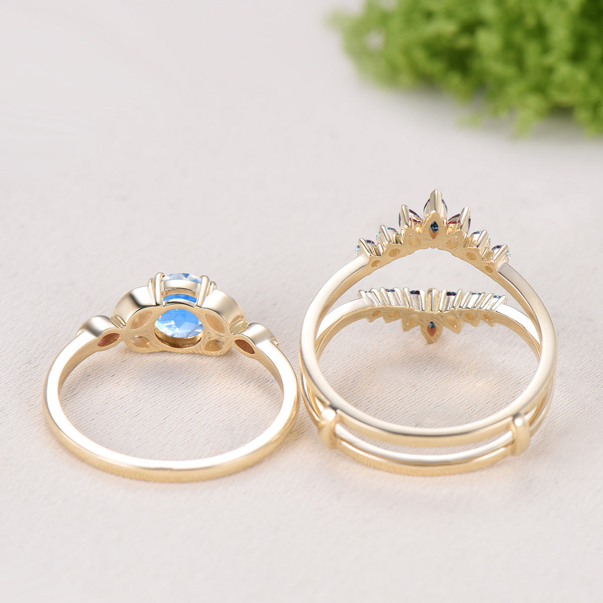 Round Cut Moonstone Engagement Ring Color-change Alexandrite Ring Enhancer Bezel Setting Bridal Set