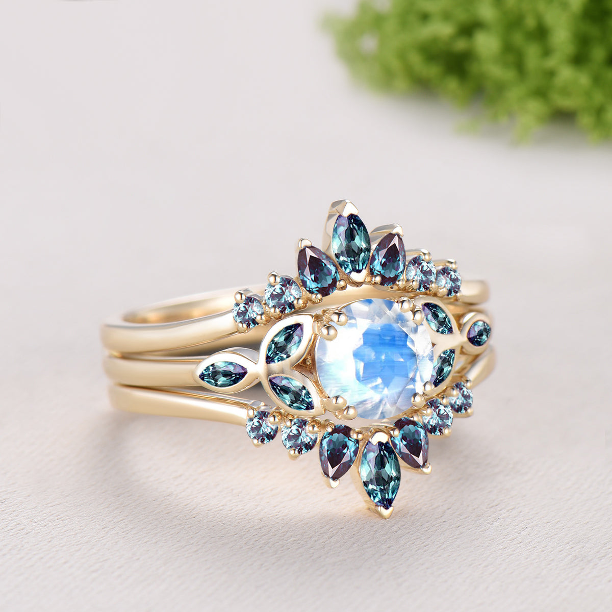 Round Cut Moonstone Engagement Ring Color-change Alexandrite Ring Enhancer Bezel Setting Bridal Set