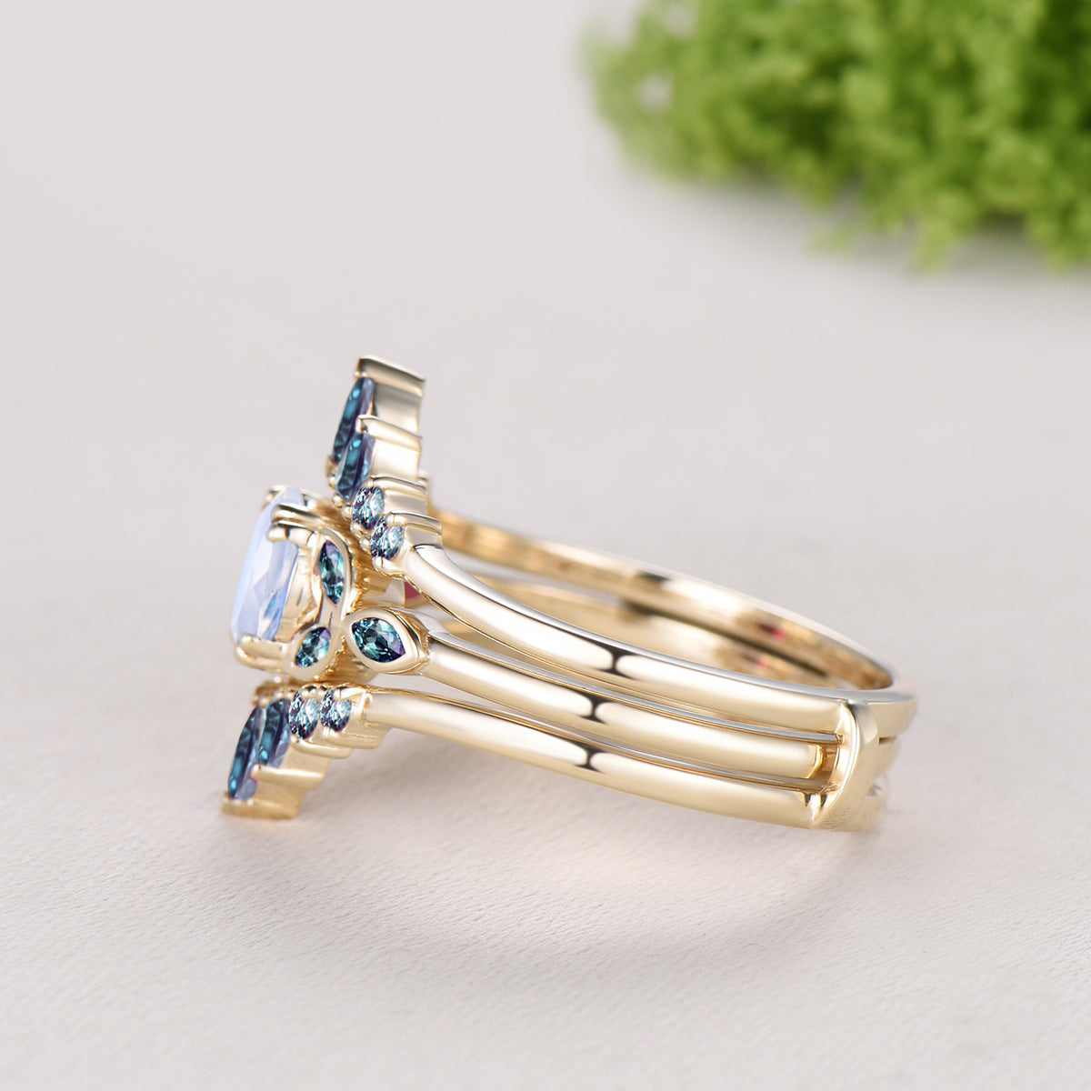 Round Cut Moonstone Engagement Ring Color-change Alexandrite Ring Enhancer Bezel Setting Bridal Set