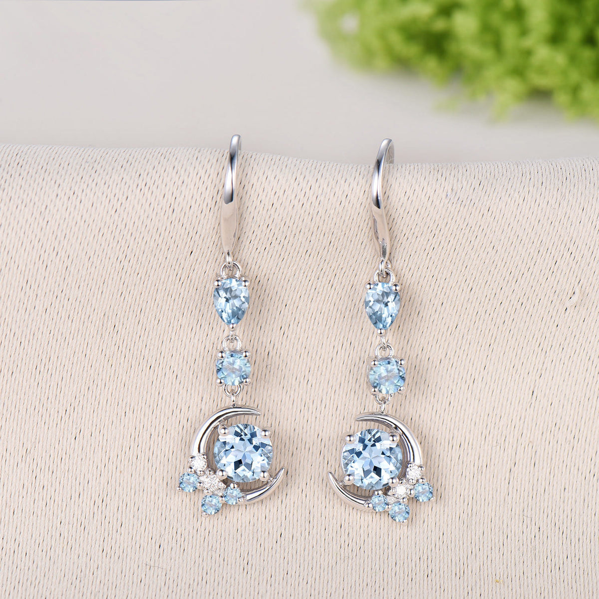 Elegant Natural Aquamarine Earrings, Crescent Moon Drop Earrings, Vintage March Birthstone Earrings, Unique Birthday Jewelry Gift for Women