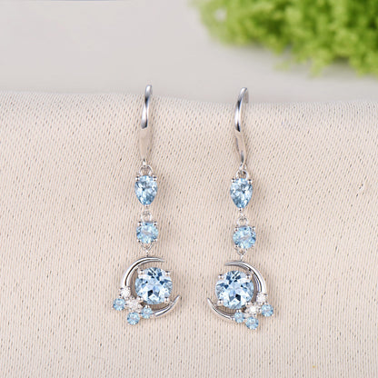 Elegant Natural Aquamarine Earrings, Crescent Moon Drop Earrings, Vintage March Birthstone Earrings, Unique Birthday Jewelry Gift for Women