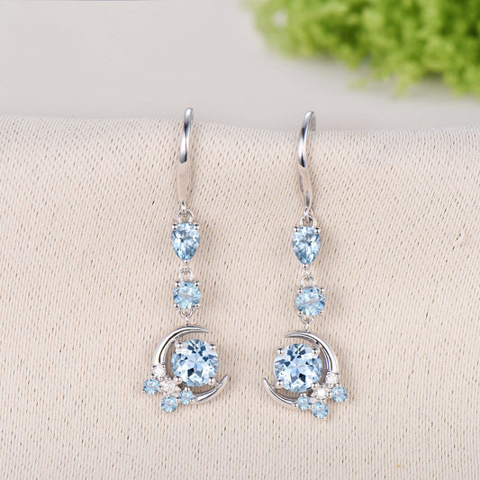 Elegant Natural Aquamarine Earrings, Crescent Moon Drop Earrings, Vintage March Birthstone Earrings, Unique Birthday Jewelry Gift for Women