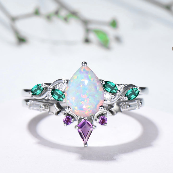 Opal and Emerald Wedding Ring Set, Pear Shaped Opal Ring, 14K White Gold Boho Engagement Ring, Unique Gift - PENFINE