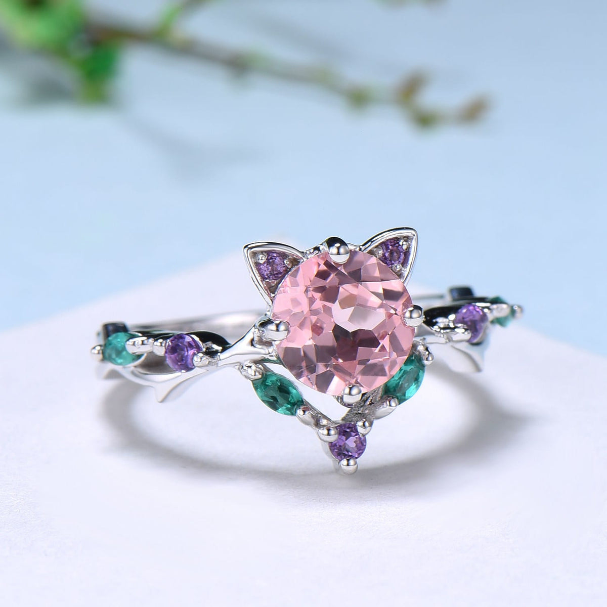 Unique Cat Ring Black Gold Padparadscha sapphire Engagement Ring Black Gold Animal Inspired Amethyst Emerald Band Pink Anniversary Ring Her