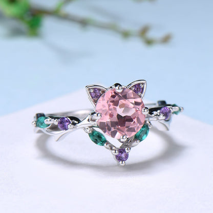 Unique Cat Ring Black Gold Padparadscha sapphire Engagement Ring Black Gold Animal Inspired Amethyst Emerald Band Pink Anniversary Ring Her