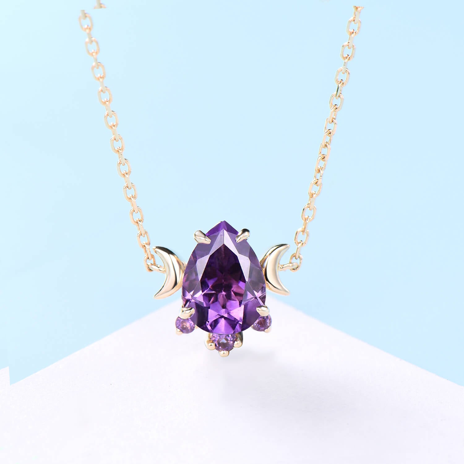 Dainty Pear Shaped Amethyst Pendant necklace Unique Crescent moon purple amethyst necklace for women celestial anniversary gift for her - PENFINE