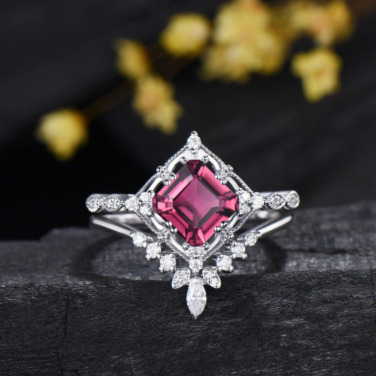 Art Deco 2CT Asscher Cut Natural Pink Tourmaline Ring Set Moissanite Curved Band