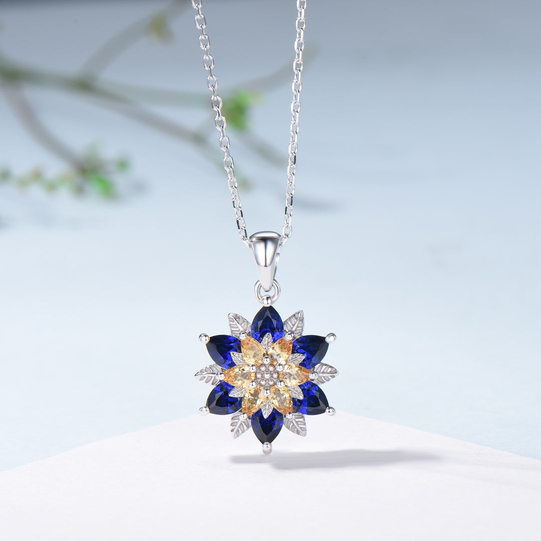 Unique Sunflower Citrine Necklace Elegant Natural Inspired Blue Sapphire Necklace Double Halo Floral Pendant Leaf Vine Anniversary Gift - PENFINE