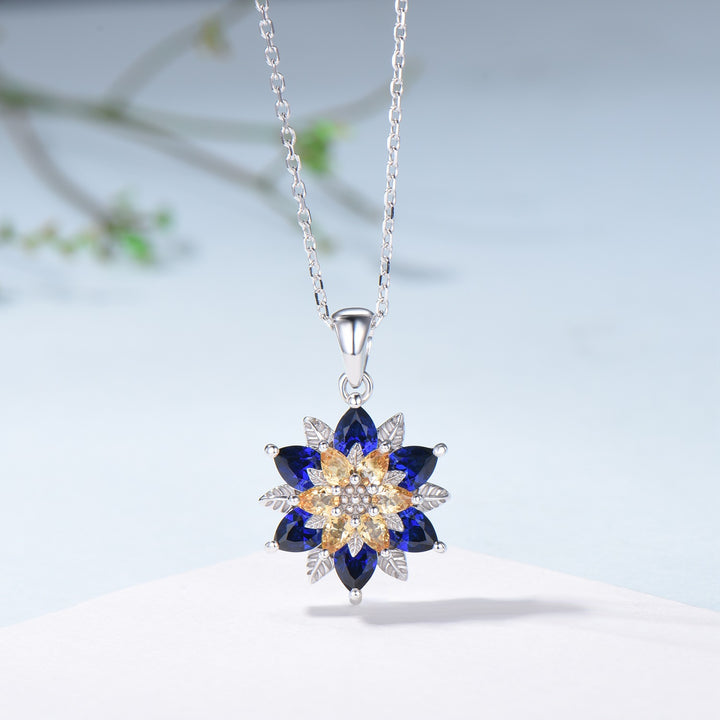 Unique Sunflower Citrine Necklace Elegant Natural Inspired Blue Sapphire Necklace Double Halo Floral Pendant Leaf Vine Anniversary Gift - PENFINE