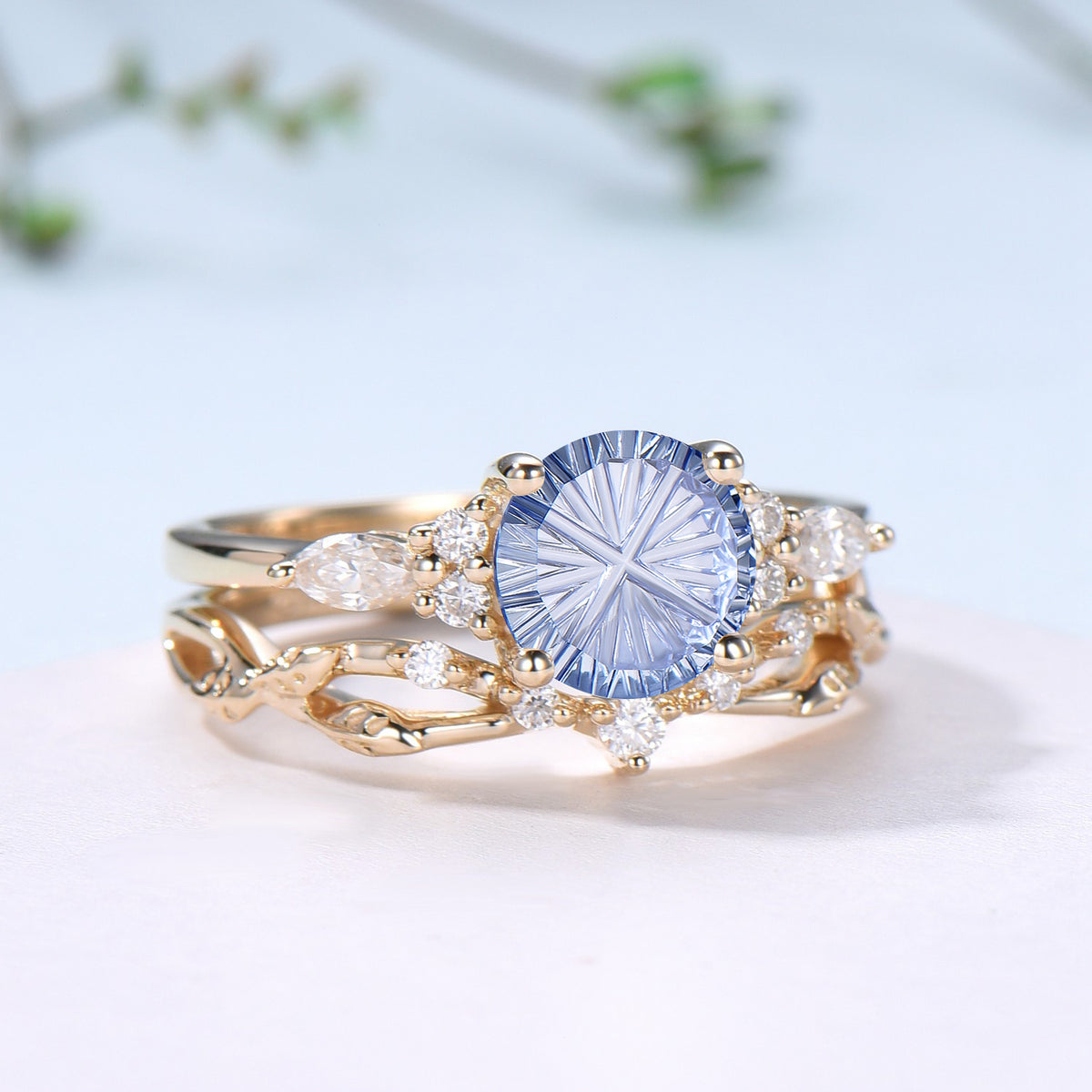 Round Fantasy Cut Cornflower Blue Sapphire 7 Stone Wedding Ring Set Moissanite Twisted Matching Band