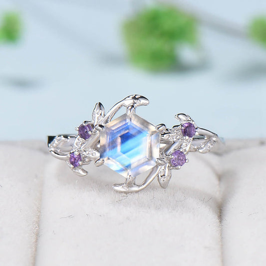 Elegant Moonstone Ring Vintage Unique Twig Engagement Ring Leaf Cluster Amethyst Wedding Women Rainbow Blue Nature inspired Branch Ring - PENFINE