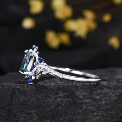 Fantasy Cut Color-change Alexandrite Nature Inspired Engagement Ring Sapphire Diamond Accent Ring