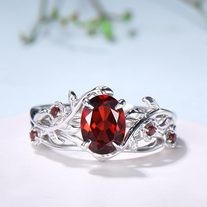 Unique flower leaves garnet ring set cluster branch nature inspired garnet engagement ring women cute January birthstone wedding ring set - PENFINE