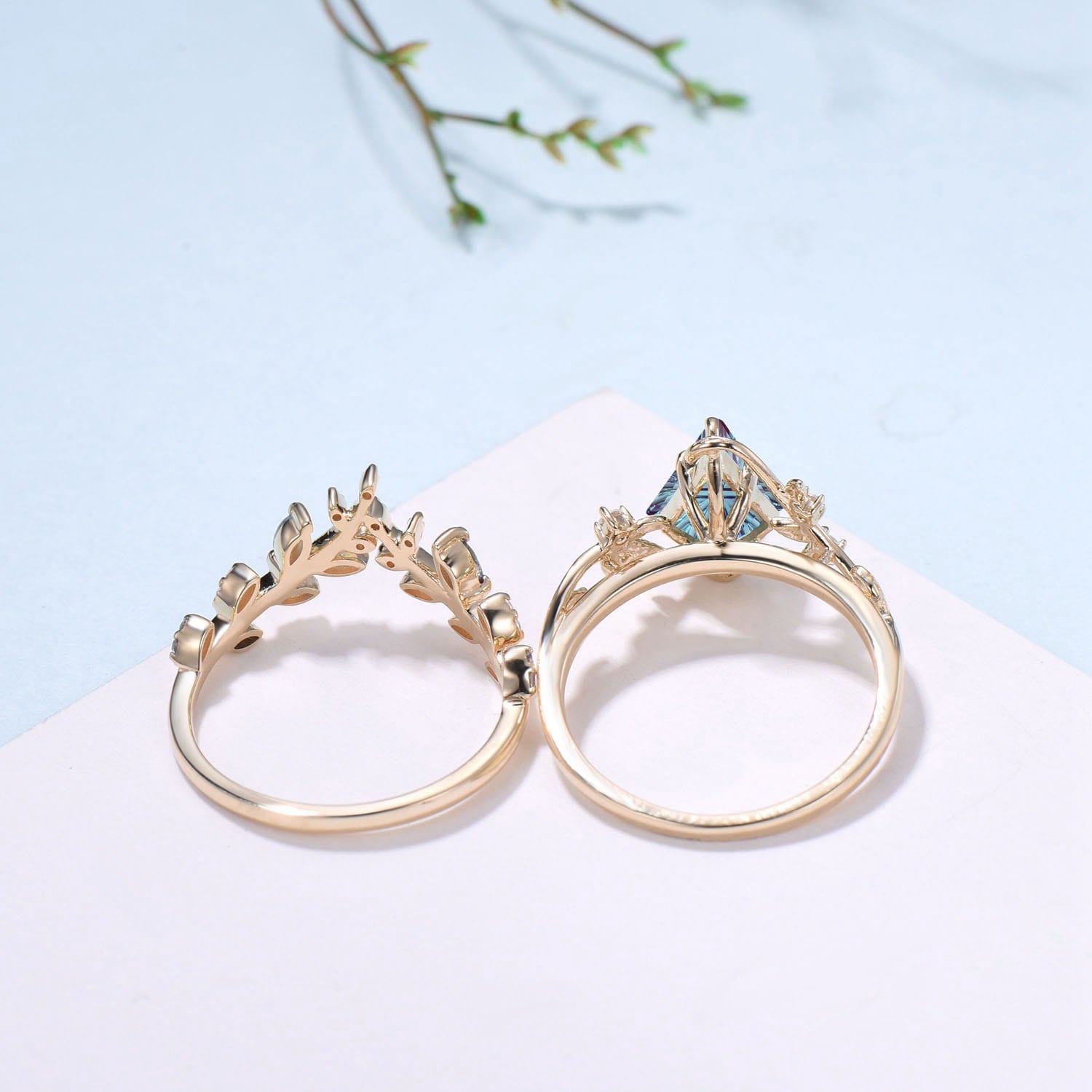 Willow Kite Cut Starburst Alexandrite Engagement Ring Set | Leaf Vine Nature Inspired Bridal Set